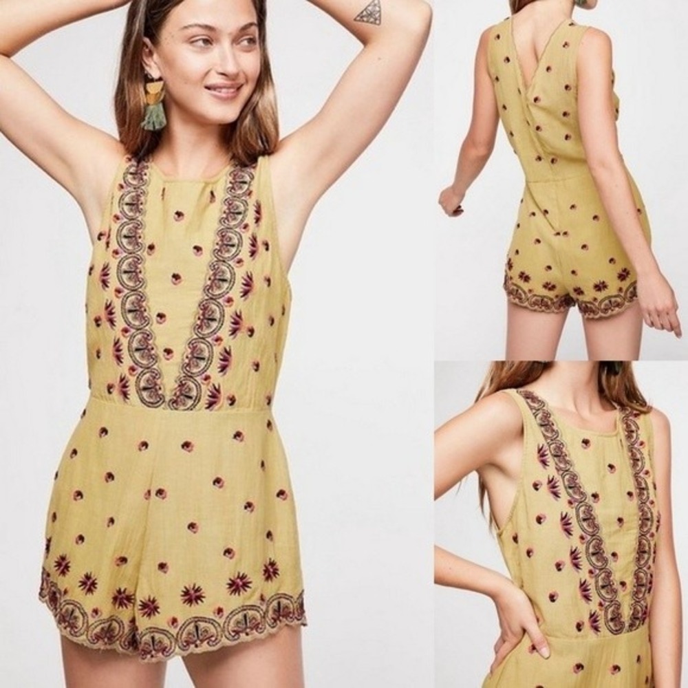 Free People Yellow Embroidered Sleeveless Romper